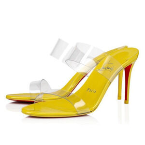 Christian Louboutin Just Nothing 85 Citrus Yellow PVC Sandal Mule Heel Pump 37